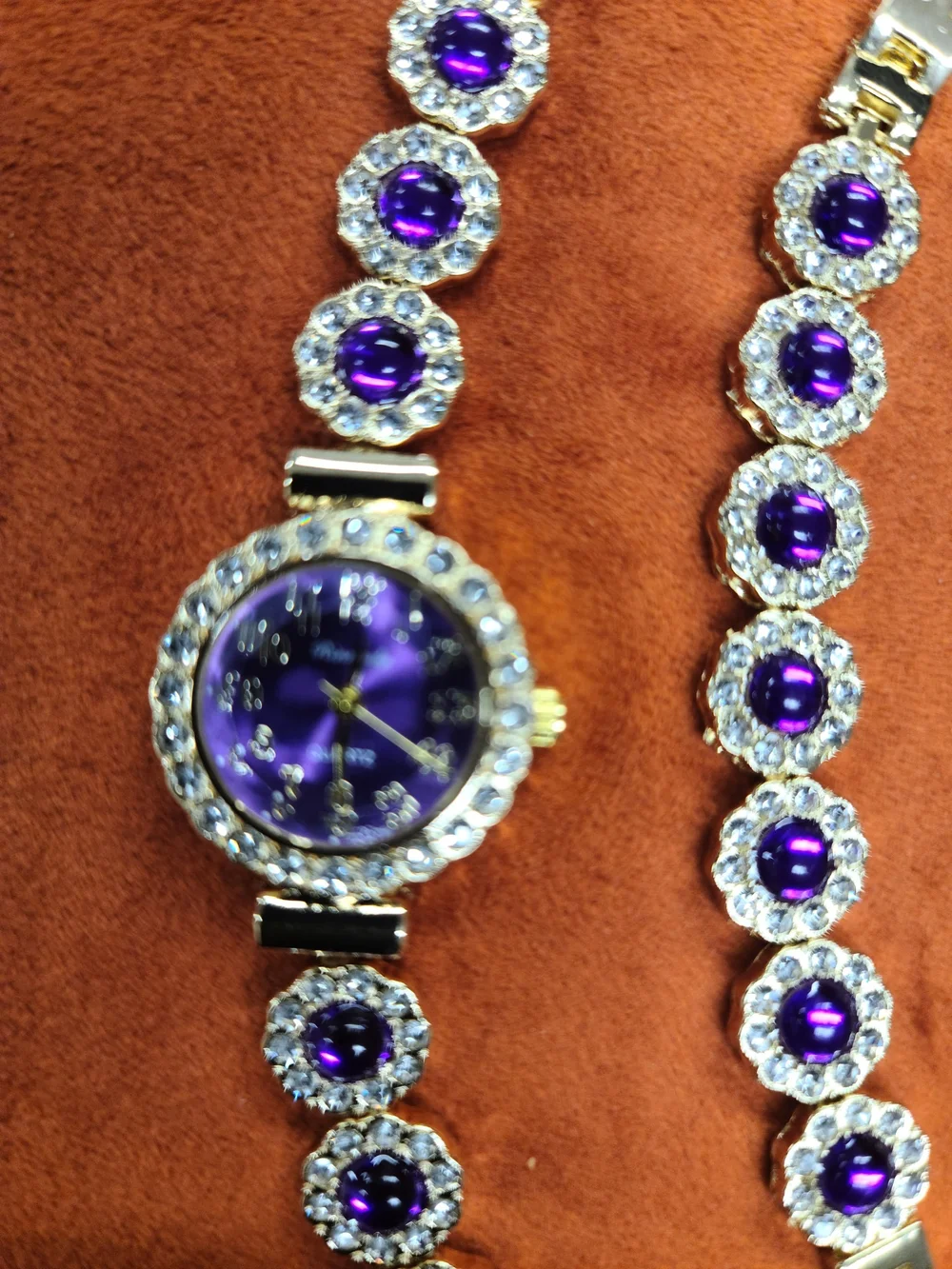 Gold-Tone Purple Crystal Women's Watch and Bracelet Set